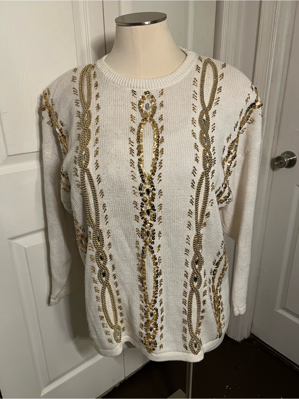 White Oversized Sweater with Gold Beaded Embellishment size 3X